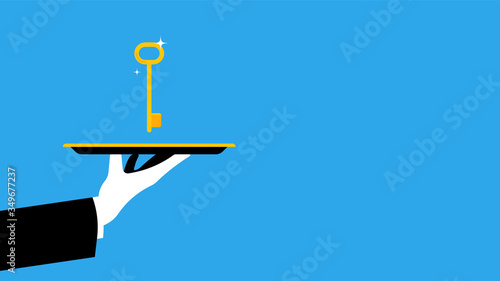 Solving a problem or getting out of a difficult situation. The waiter holds in his hand a tray on which is a golden key. The concept of consulting, crisis management, real estate or a profitable offer