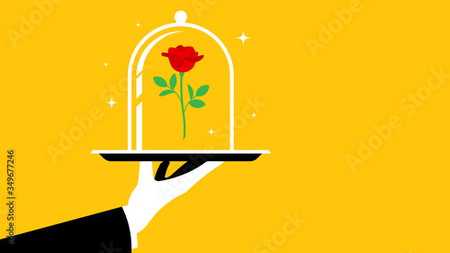 Hand of waiter with tray. Glass dome with red rose inside stay on tray. Vector illustration.