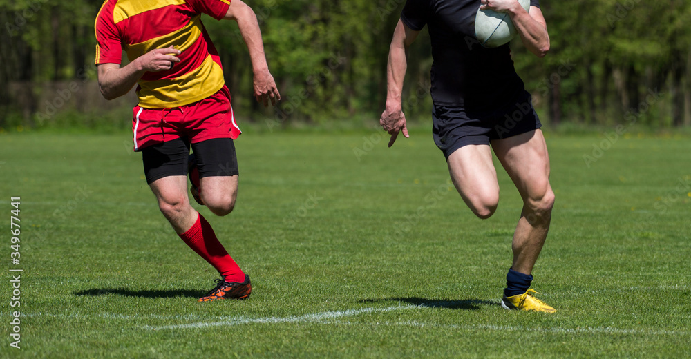 Rugby players fight for the ball on professional rugby stadium