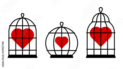 Set of red hearts in cages. Vector isolated on white.