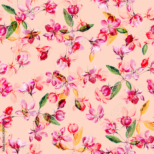 Apple blossom watercolor seamless pattern. Beautiful hand drawn texture. © Anna