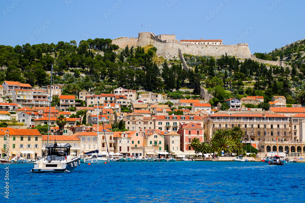 Hvar fortress above the medieval village on the Croatian island of Hvar in the Adriatic Sea