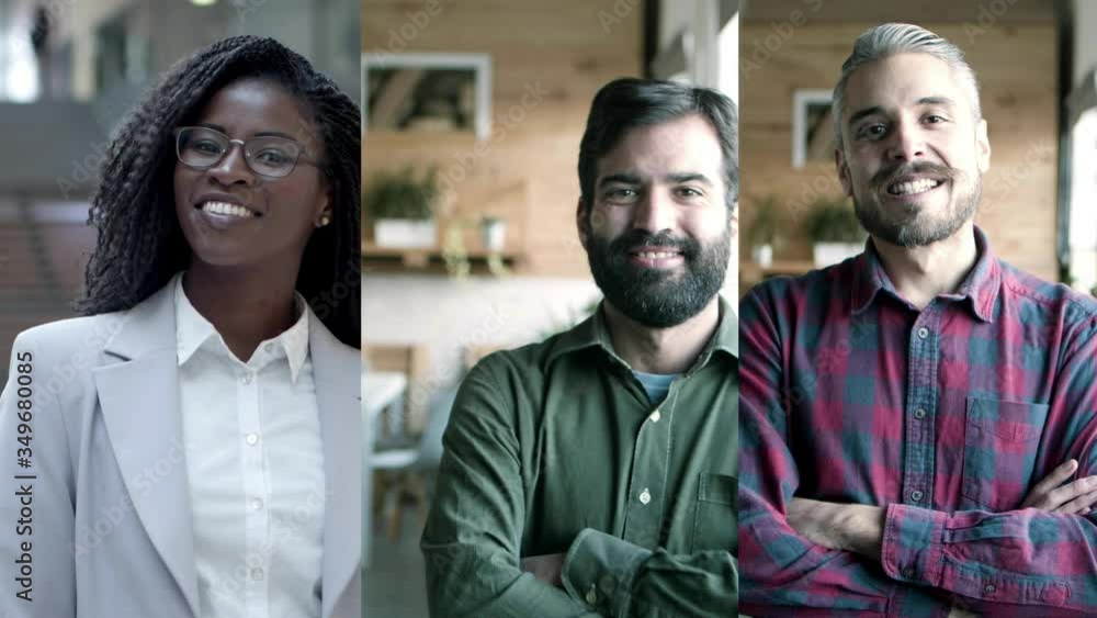 Positive employees and freelancers smiling, posing indoors. Front view of men and woman of different ages and races. Multiscreen montage, collage portraits. People concept Positive employees and freelancers smiling, posing indoors. Front view of men and woman of different ages and races. Multiscreen montage, collage portraits. People concept
