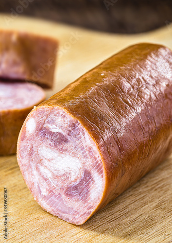 Pepperoni sausage is a type of sausage seasoned with pepperoni pepper. It was created in Brazil, São Paulo, in Bixiga. Culinary ingredient rasil dob used in pizzas, stews and roasts. photo