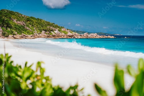 Petite Anse  La Digue in Seychelles - Tropical and paradise beach vacation. Travel background
