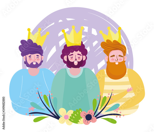 happy fathers day, bearded men with gold crowns flowers decoration