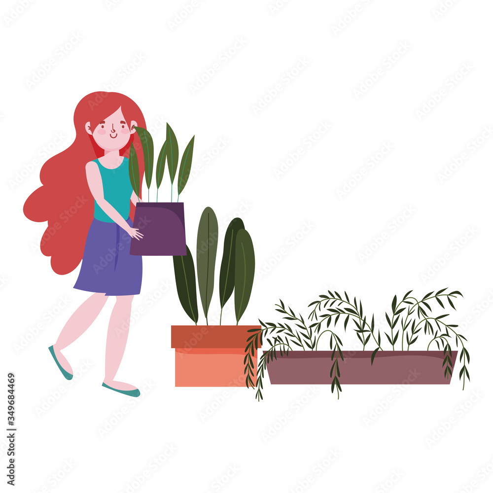 girl holding potted plant gardening in the house cartoon - obrazy, fototapety, plakaty 