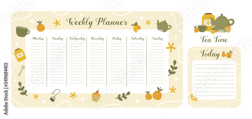 Cute weekly planner background with teapots, cups, cupcakes.