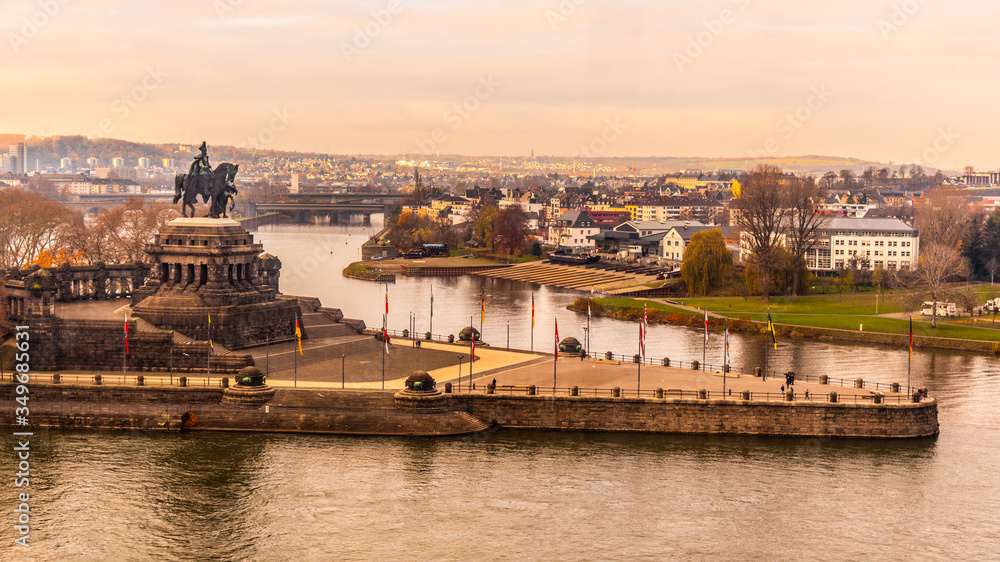 German Corner, German: Deutches Eck, Headland at Mosel and Rhine river confluence with monumental equestrian statue of William I. Koblenz, Germany.