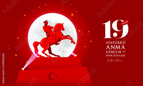 19 mayis Ataturk'u Anma, Genclik ve Spor Bayrami greeting card design. 19 May Commemoration of Ataturk, Youth and Sports Day. Vector illustration. Turkish national holiday. (Gençlik Bayramı)
