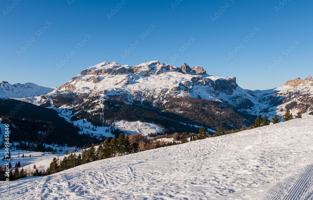 Rocky Mountains on the Skiing Resort of Arabba, Alta Badia, Dolomites Alps, Italy. January 2020