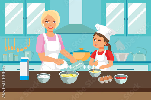 Mother and daughter cooking in the kitchen. Mom and child baking together. The woman is mixing cream and the girl mixes the dough with a spoon. Happy family. Flat style vector illustration