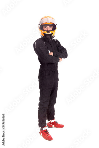 Race car pilot posing isolated