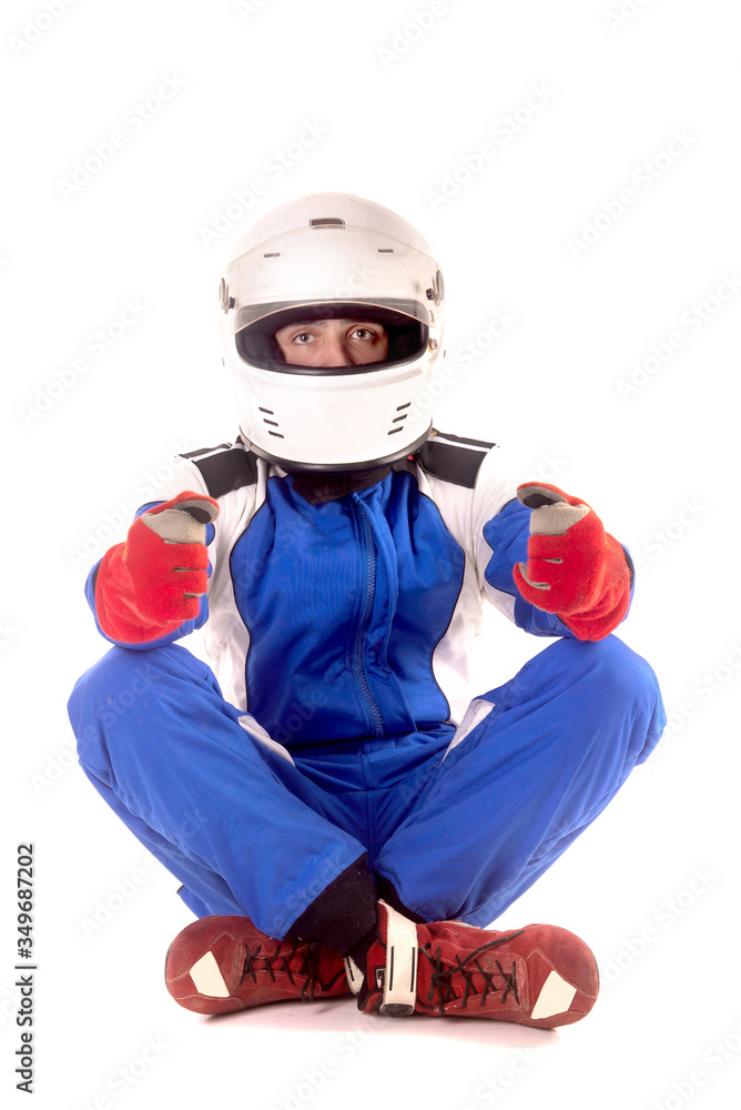 Race car pilot posing isolated Race car pilot posing isolated