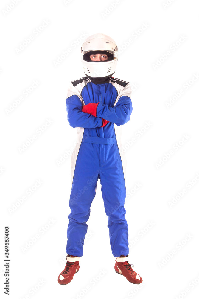 Race car pilot posing isolated