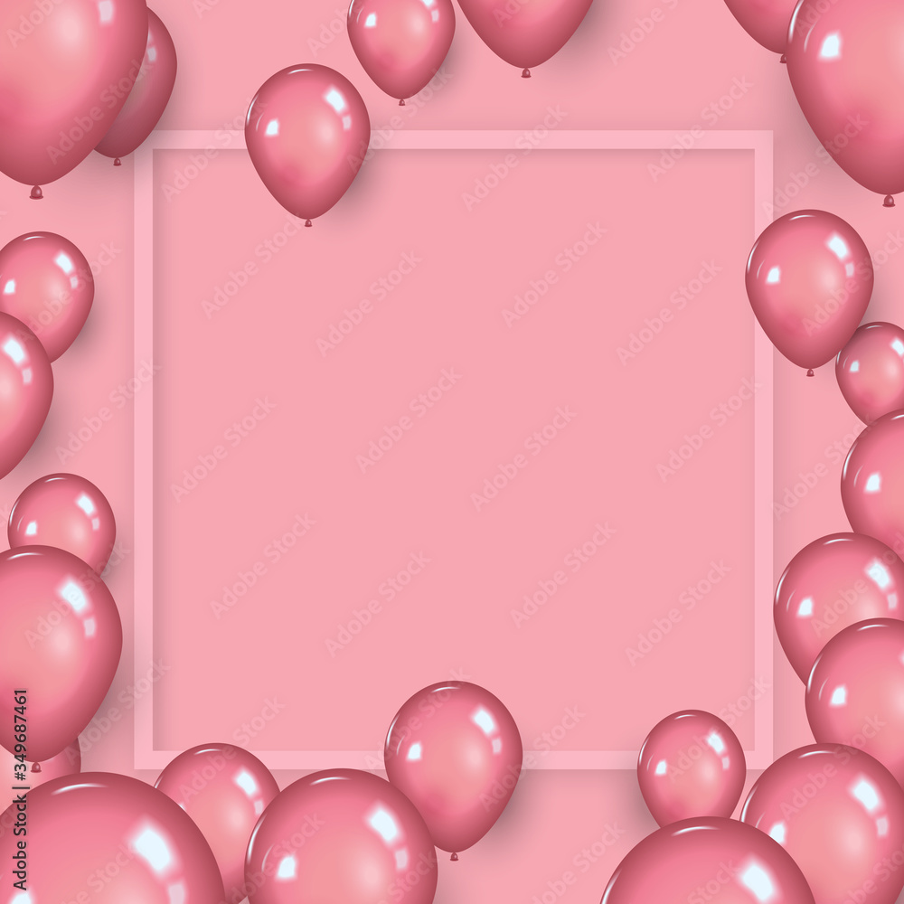 Naklejka Pink balloons on blank space with frame. Festive party background or birtday concept.