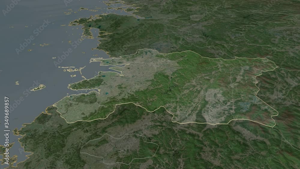 Jeollabuk-do, province with its capital, zoomed and extruded on the satellite map of South Korea in the conformal Stereographic projection. Animation 3D Jeollabuk-do, province with its capital, zoomed and extruded on the satellite map of South Korea in the conformal Stereographic projection. Animation 3D