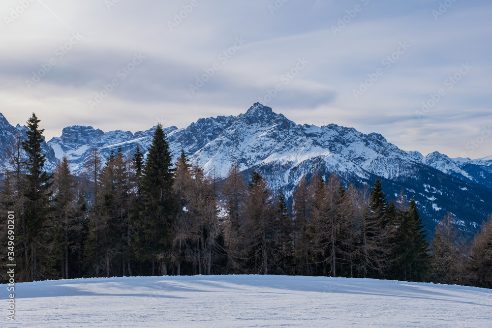 Winter landscape in Tre Cime Dolomiti, or Drei Zinnen Dolomites. Monte Elmo(Sesto), Italy. January 2020