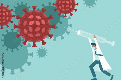 Brave doctor fight with hige coronavirus. Concept for preventing COVID-19 pandemic.