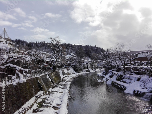 Miyakawa river on winter in Takayama Town, Japan
