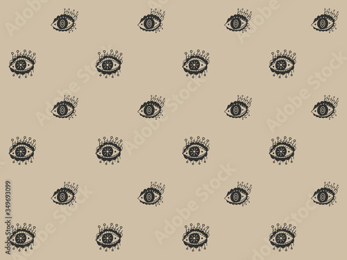 Seamless elegant esoteric pattern of black contour hand-drawn all-seeing eyes with suns and ovals in the pupils and stylized eyelids on a gold background. Vector.