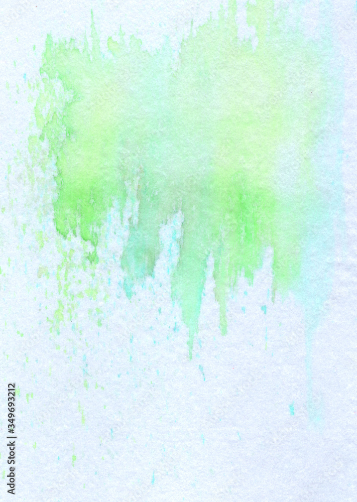 Warm summer green hand painted isolated watercolor backdrop with paint splashes on white fabric textile background