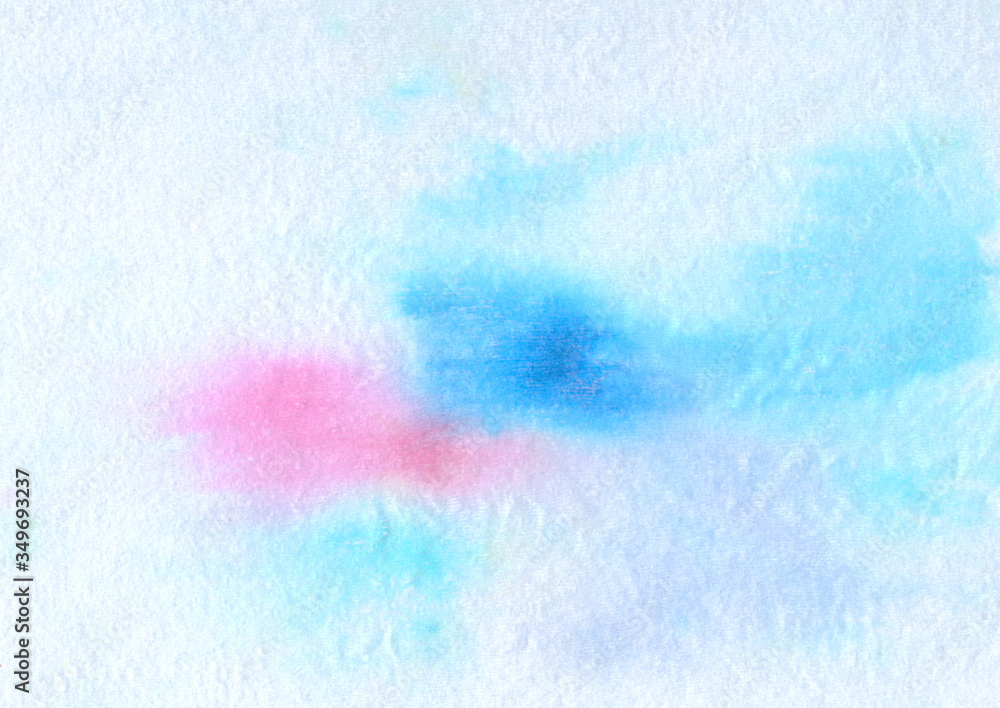 Ice cold winter Christmas hand painted isolated watercolor backdrop with paint splashes on white fabric textile background in pink, blue, cyan and violet colors
