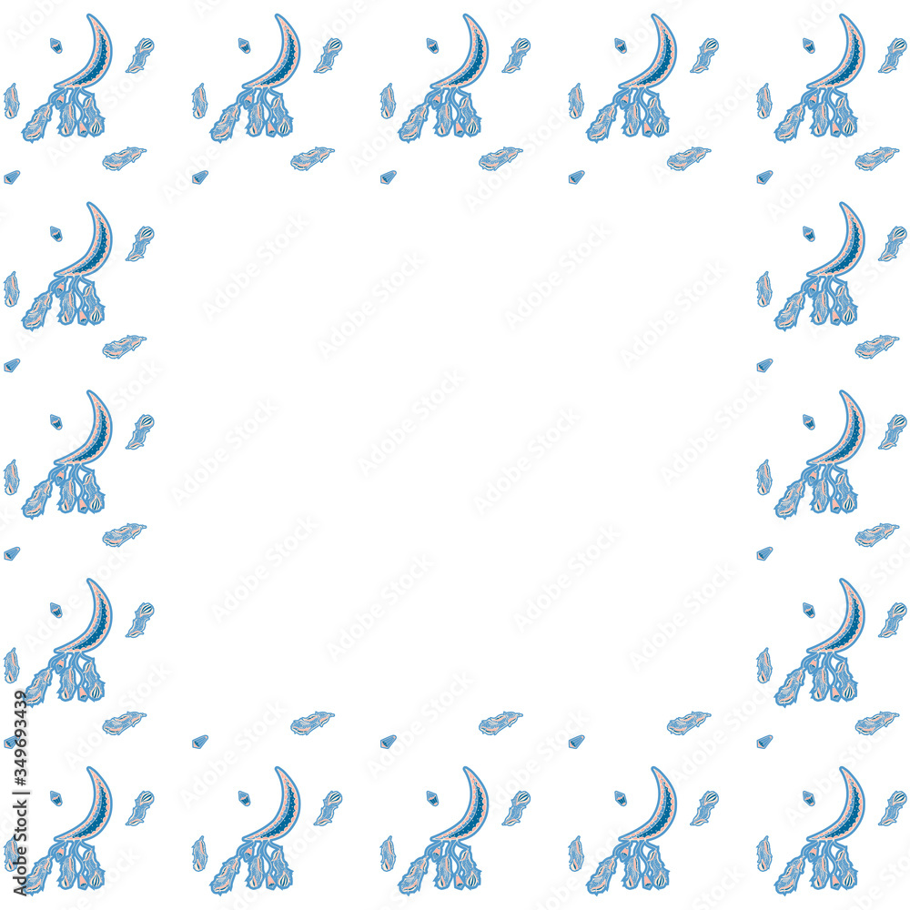 Square isolated frame of hand-drawn ornamental crescent stickers with crystals, feathers suspended from below and individually on a white background. Night music mobiles for kids. Copy space. Vector.