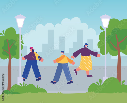 young people walking with medical mask street city