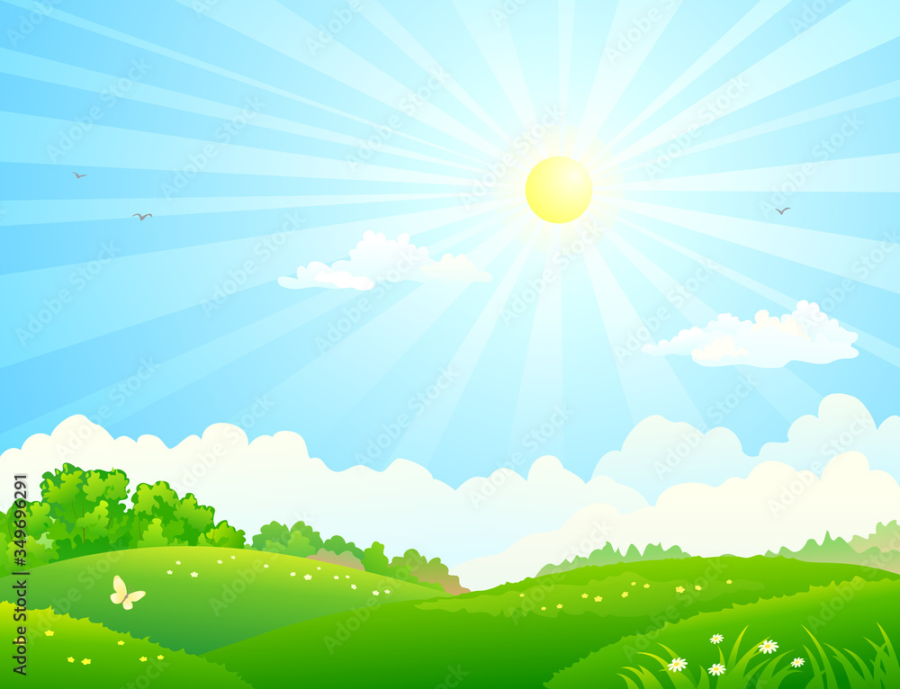 Vector cartoon illustration of green fields and sunny sky - obrazy, fototapety, plakaty 