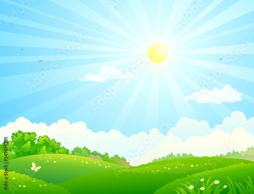 Vector cartoon illustration of green fields and sunny sky