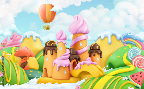Sweet candy land. 3d vector cartoon background. Plasticine art illustration
