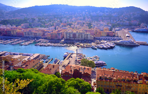 An aerial view of the Port of Nice on the Mediterranean Sea at Nice, France along the French Riviera.