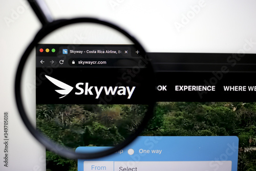 SAINT PETERSBURG, RUSSIA - MAY 17, 2020: Illustrative Editorial of Skyway Airlines website homepage. Skyway Airlines logo visible on display screen.