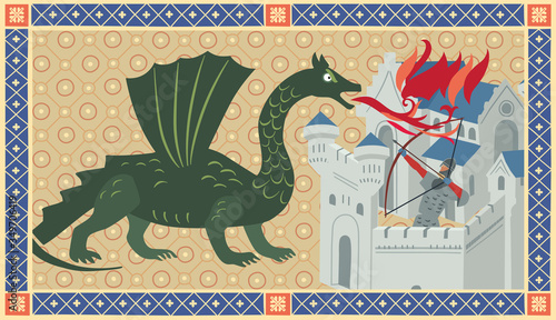 Dragon burns the city. Medieval Book Illustration. Stylization under a historical miniature
