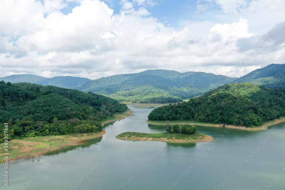 Water dam and reservoir lake aerial view drone