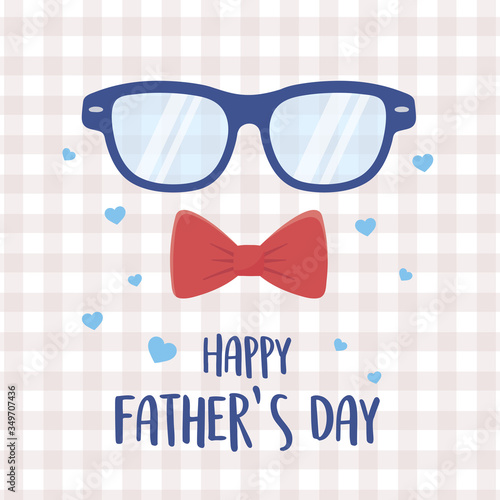 happy fathers day, glasses and bow tie hearts love checkered background