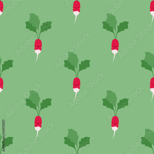 Kawaii Cartoon Radish. Colored Seamless Patterns