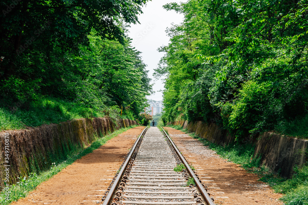 Hangdong Railroad with green forest in Seoul, Korea Hangdong Railroad with green forest in Seoul, Korea