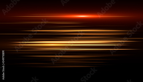 Light and stripes moving fast over dark background.design of the light effect. Vector blur in the light of radiance. Element of decor. Horizontal rays of light.