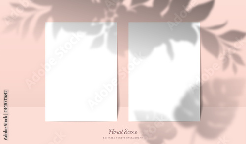 Elegant cards mockup with floral overlay shadows. Editable empty stationery card vector scene with flowers background