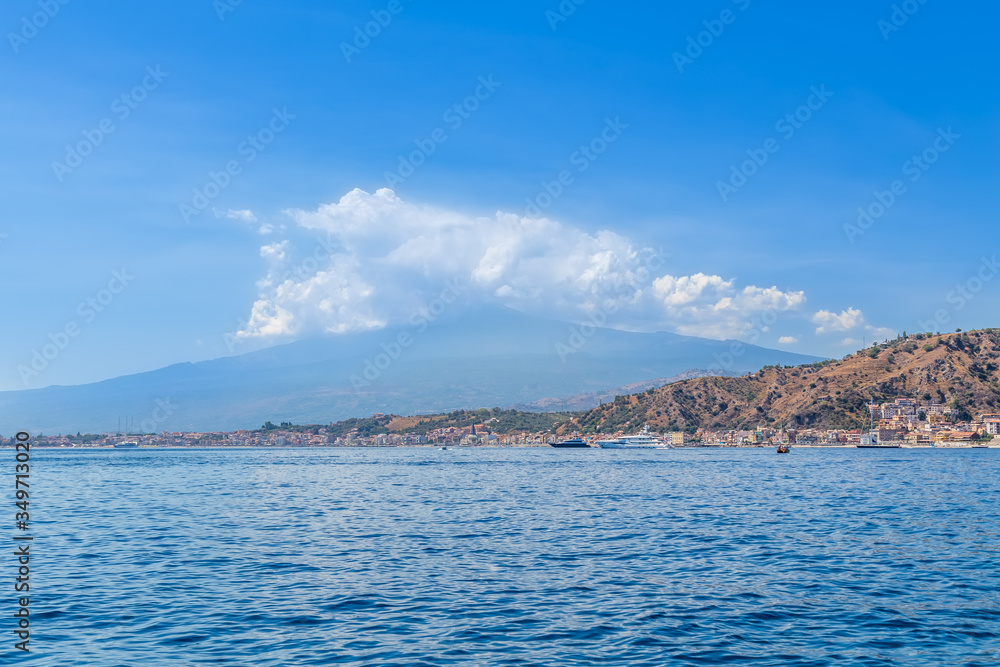 Scenic view of Etna Mount from Taormina, Sicily, Italy, Europe.