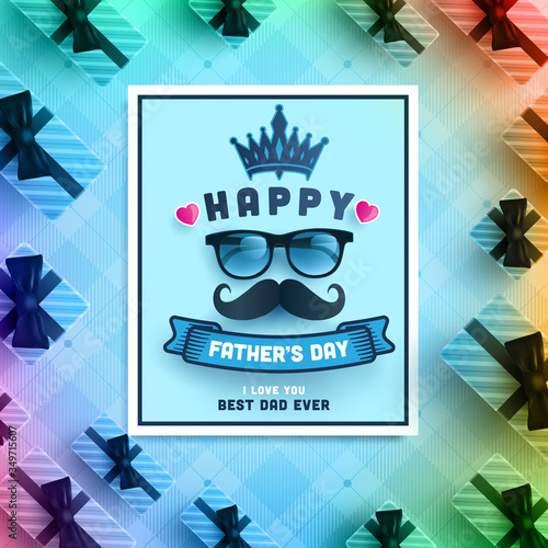 Happy Father's Day card with gift box on blue background.Greetings and presents for Father's Day in flat lay styling.Promotion and shopping template for love dad