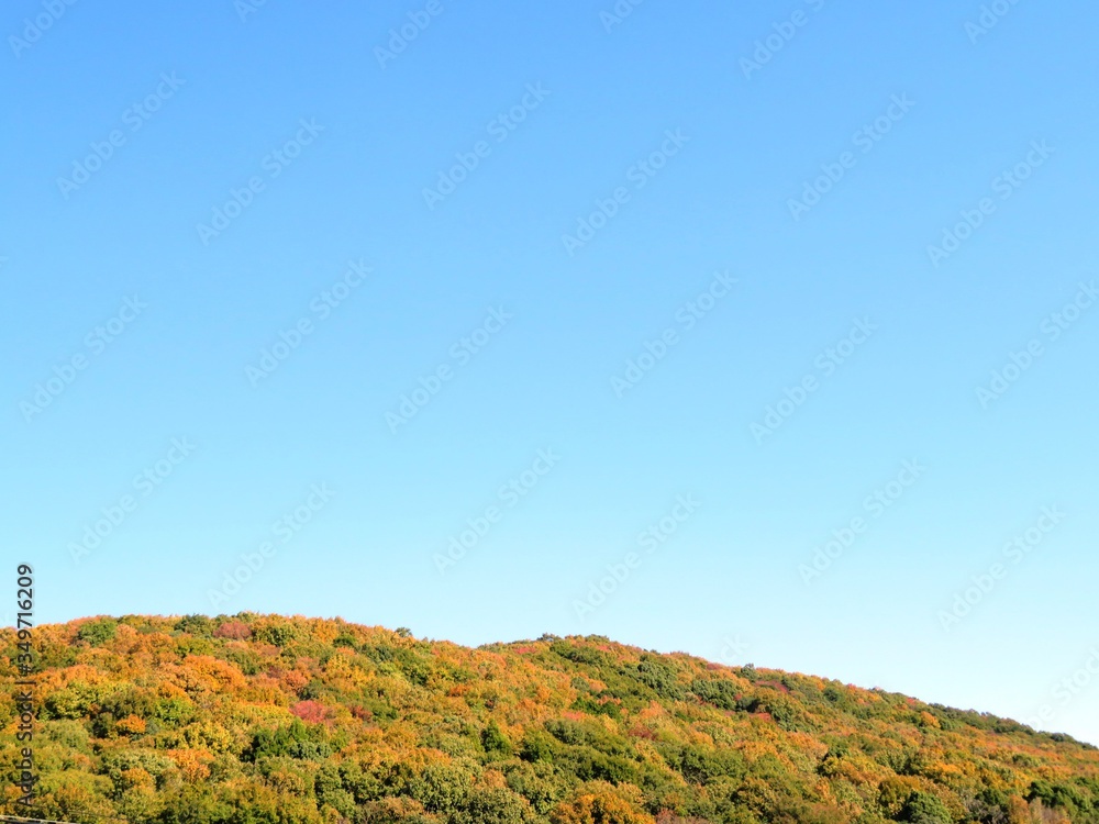 日本の田舎の風景　11月　黄葉　山と青空