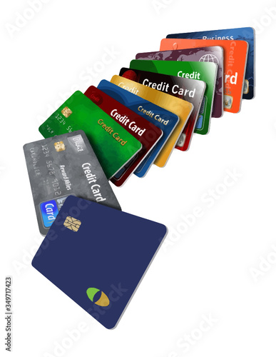 Text area is available on the front credit card in a line of many cards dropping down. This is a vector illustration. Cards are isolated on white background.