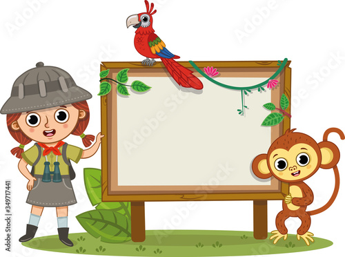 Team Jungle, a girl, a parrot, a monkey standing next to a blank board. Vector illustration.