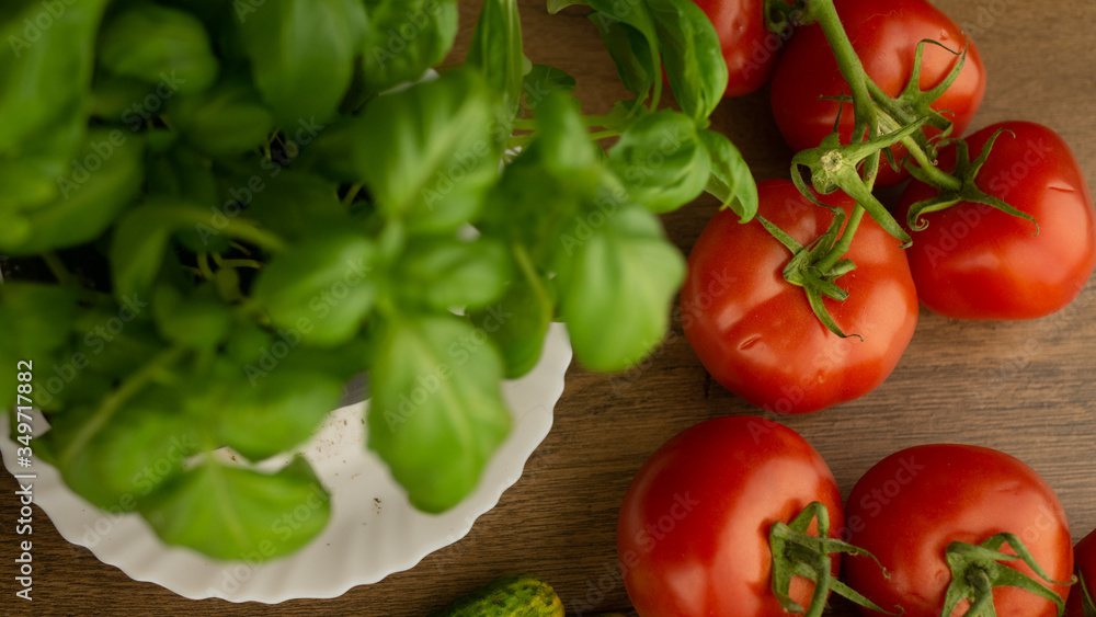 Vegetables. Tomatoes and cucumbers with basil. Ready free entry space
Vegetables. Tomatoes and cucumbers with basil. Ready free entry space