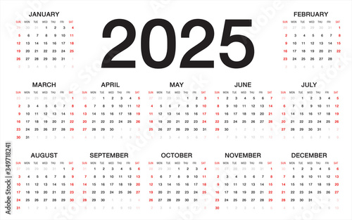 calendar 2025, Week starts from Sunday, business template