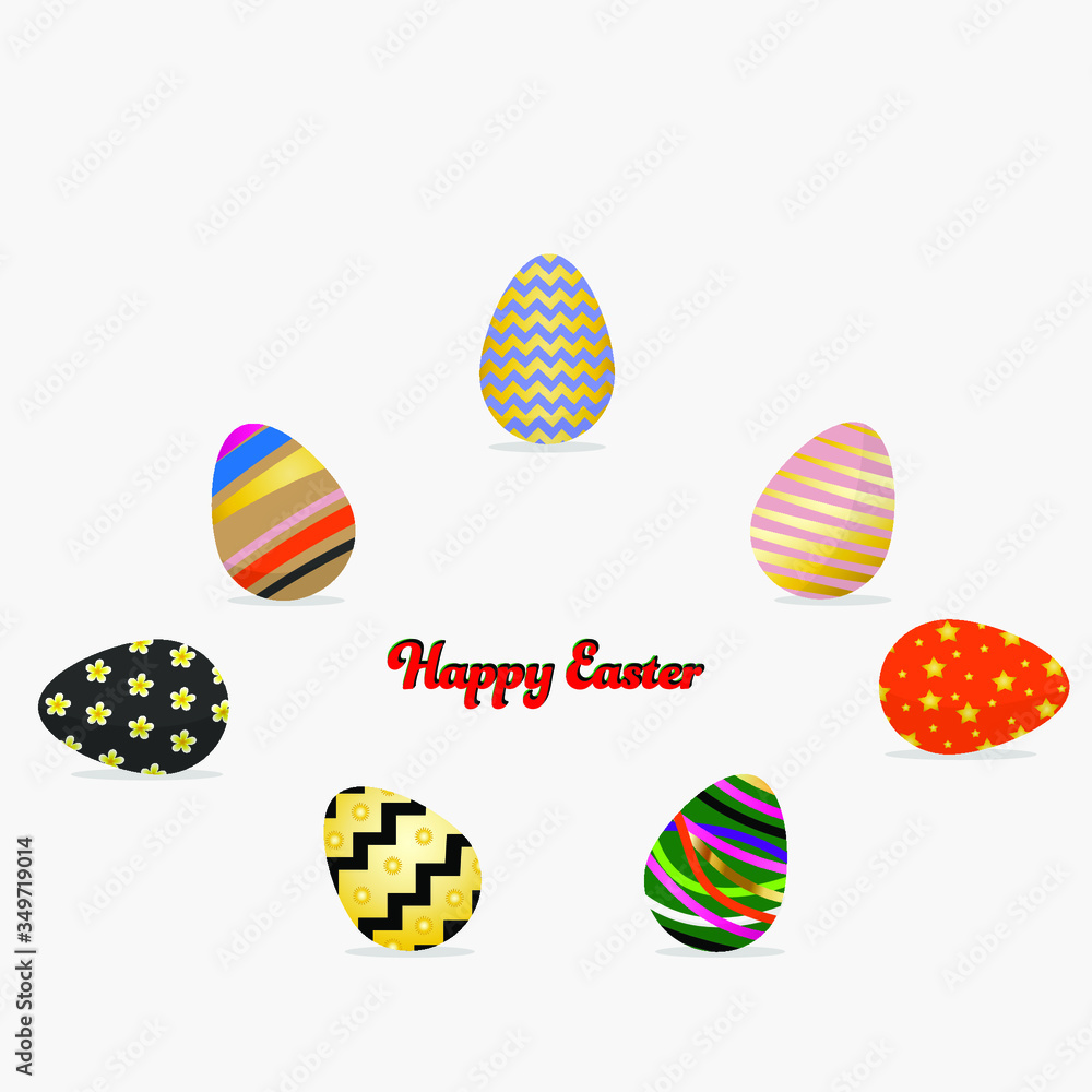 7 Easter eggs and Happy Easter writer in grey background 7 Easter eggs and Happy Easter writer in grey background