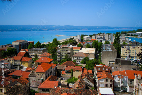 Aerial view of the old town center of Omis in Croatia - Dalmatian city on a peninsula tucked between the Adriatic Sea and the Cetina river